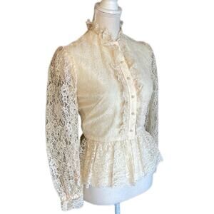 Vintage Herman Marcus Cream Lace Victorian Peplum Blouse Long Sleeves
